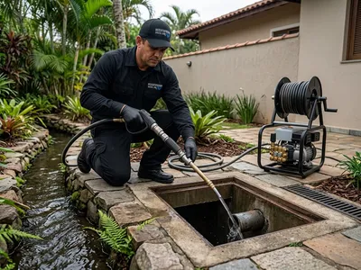 Técnico de uniforme preto desobstruindo tubulação residencial de águas fluviais