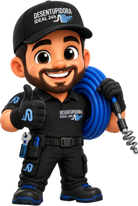 Mascote da Desentupidora Ideal 24h, técnico uniformizado com mangueira de desentupimento