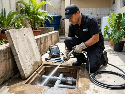Técnico de uniforme preto limpando caixa de passagem