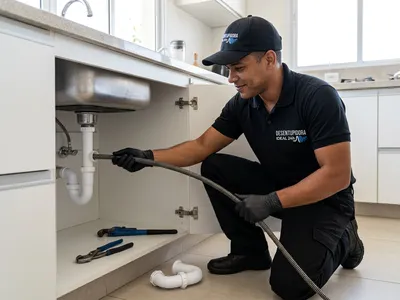 Técnico de uniforme preto desentupindo uma pia de cozinha