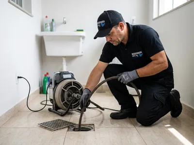 Técnico de uniforme preto desentupindo ralo de banheiro