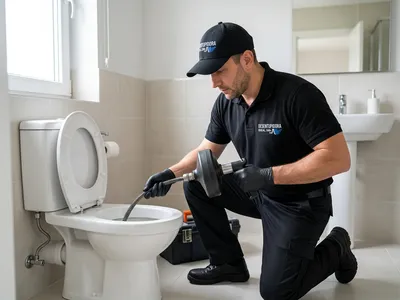 Técnico de uniforme preto desentupindo um vaso sanitário